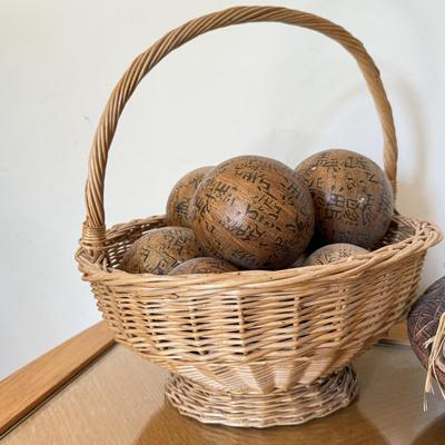 LOT 41F: Divided Wooden Bowl, Primitive Woven Gourd Vessel, L. Gwaia Wood Artwork, Pottery Bowl filled w/ Faux Eggs & Basket filled...
