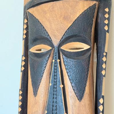 LOT 42L: African Style Wall Mask, Wood Candle Holder & Long Serving Dish