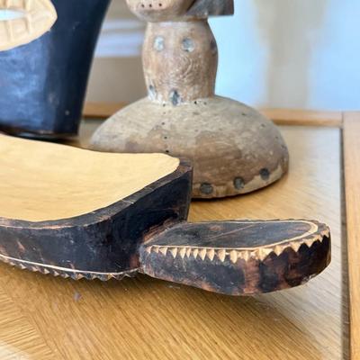 LOT 42L: African Style Wall Mask, Wood Candle Holder & Long Serving Dish