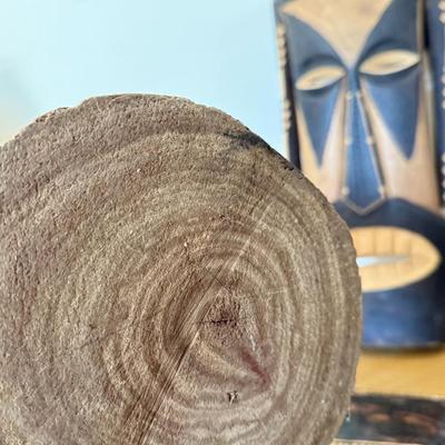 LOT 42L: African Style Wall Mask, Wood Candle Holder & Long Serving Dish