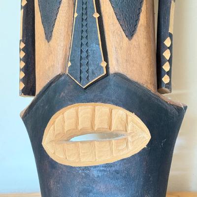 LOT 42L: African Style Wall Mask, Wood Candle Holder & Long Serving Dish