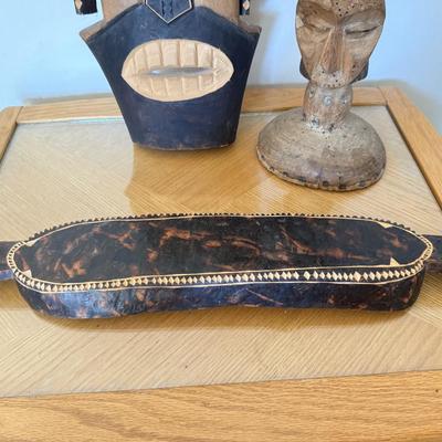 LOT 42L: African Style Wall Mask, Wood Candle Holder & Long Serving Dish