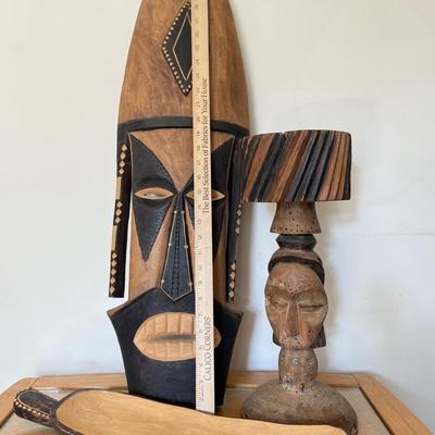 LOT 42L: African Style Wall Mask, Wood Candle Holder & Long Serving Dish