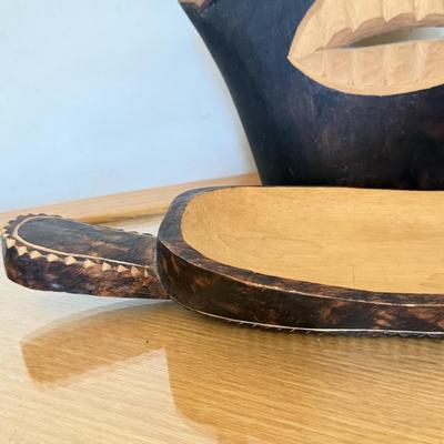 LOT 42L: African Style Wall Mask, Wood Candle Holder & Long Serving Dish