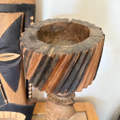 LOT 42L: African Style Wall Mask, Wood Candle Holder & Long Serving Dish