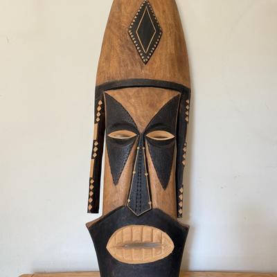 LOT 42L: African Style Wall Mask, Wood Candle Holder & Long Serving Dish