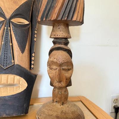 LOT 42L: African Style Wall Mask, Wood Candle Holder & Long Serving Dish