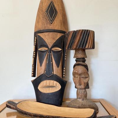 LOT 42L: African Style Wall Mask, Wood Candle Holder & Long Serving Dish