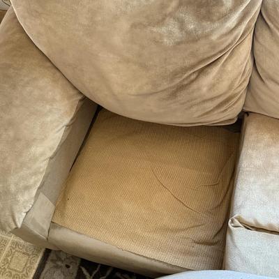LOT 48F: Pair of Loveseats w/ Decorative Pillows & Rolling Ottoman