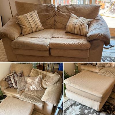 LOT 48F: Pair of Loveseats w/ Decorative Pillows & Rolling Ottoman