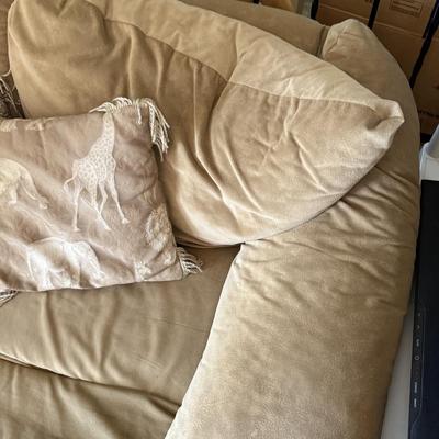 LOT 48F: Pair of Loveseats w/ Decorative Pillows & Rolling Ottoman