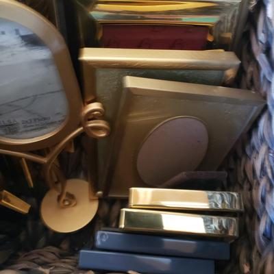 LOT 65G: Large Assortment of Beautiful Decorative Frames; Brass, Wood, and Metal in Baskets