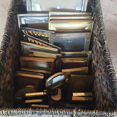 LOT 65G: Large Assortment of Beautiful Decorative Frames; Brass, Wood, and Metal in Baskets
