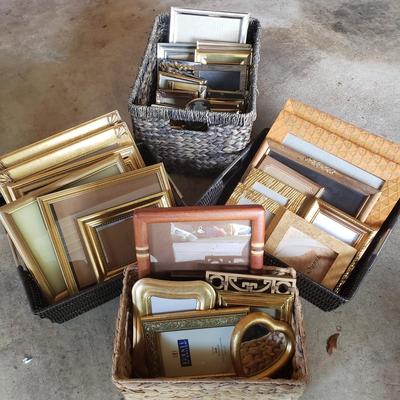 LOT 65G: Large Assortment of Beautiful Decorative Frames; Brass, Wood, and Metal in Baskets