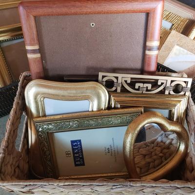 LOT 65G: Large Assortment of Beautiful Decorative Frames; Brass, Wood, and Metal in Baskets