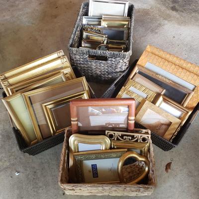 LOT 65G: Large Assortment of Beautiful Decorative Frames; Brass, Wood, and Metal in Baskets