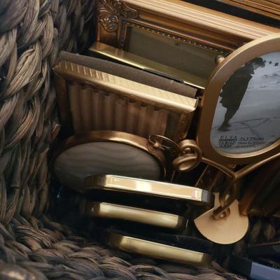 LOT 65G: Large Assortment of Beautiful Decorative Frames; Brass, Wood, and Metal in Baskets