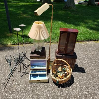 LOT 70G: Home Decor and Organization; Vintage Jewlery Boxes, Brass Lamp, Candleholders, and More