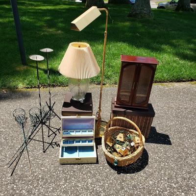 LOT 70G: Home Decor and Organization; Vintage Jewlery Boxes, Brass Lamp, Candleholders, and More