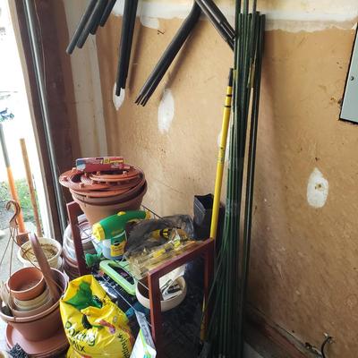 LOT 71G: Garden and Yard Cleanout; Tools, Firewood Rack, Strawberry Pot & Planters, Soil, and More