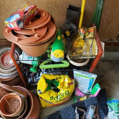 LOT 71G: Garden and Yard Cleanout; Tools, Firewood Rack, Strawberry Pot & Planters, Soil, and More