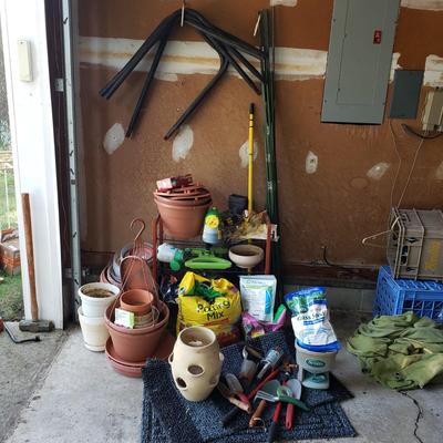 LOT 71G: Garden and Yard Cleanout; Tools, Firewood Rack, Strawberry Pot & Planters, Soil, and More