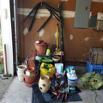 LOT 71G: Garden and Yard Cleanout; Tools, Firewood Rack, Strawberry Pot & Planters, Soil, and More