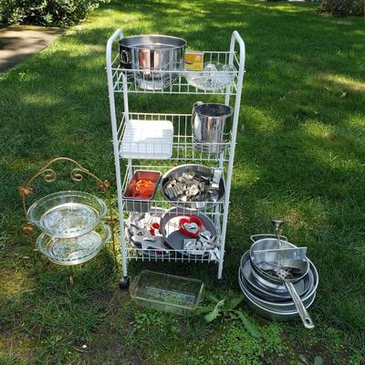 LOT 72G: Kitchen and Baking Assortment; Rolling Cart, Cookie Cutters, Baking Pans, Mixing Bowls, and More