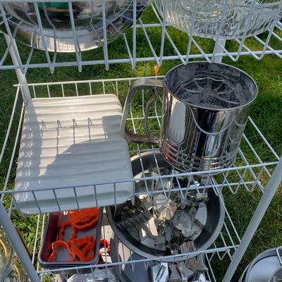 LOT 72G: Kitchen and Baking Assortment; Rolling Cart, Cookie Cutters, Baking Pans, Mixing Bowls, and More