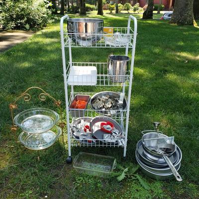 LOT 72G: Kitchen and Baking Assortment; Rolling Cart, Cookie Cutters, Baking Pans, Mixing Bowls, and More
