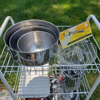 LOT 72G: Kitchen and Baking Assortment; Rolling Cart, Cookie Cutters, Baking Pans, Mixing Bowls, and More