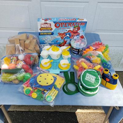 LOT 77G: Toy Collection; Vintage Fisher-Price Tea Set, Building Blocks, Spider Man Operation, and More