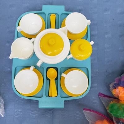 LOT 77G: Toy Collection; Vintage Fisher-Price Tea Set, Building Blocks, Spider Man Operation, and More