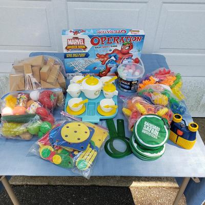 LOT 77G: Toy Collection; Vintage Fisher-Price Tea Set, Building Blocks, Spider Man Operation, and More