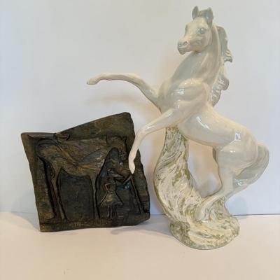 LOT 105F: Porcelain Horse Statue & Stone Slab Carving