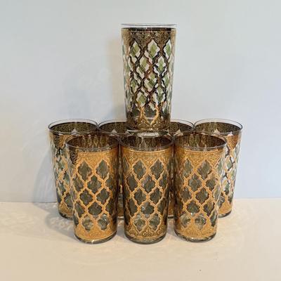LOT 107F: Fancy Green & Gold Highball Glasses