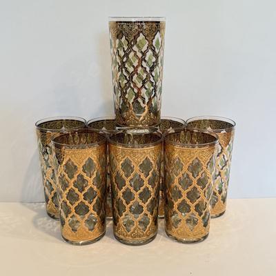 LOT 107F: Fancy Green & Gold Highball Glasses