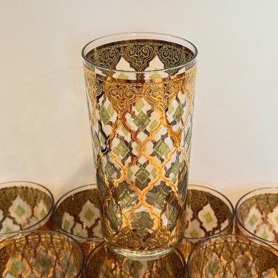 LOT 107F: Fancy Green & Gold Highball Glasses