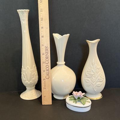 LOT 112F: Three Lenox Vases w/ Rose Trinket Box