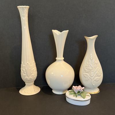 LOT 112F: Three Lenox Vases w/ Rose Trinket Box