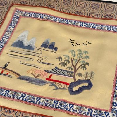LOT 116F: Hand Embroidered Fabric, Signed China Tea Cups, Big Blue Vase (Hand Painted) & More