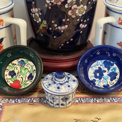 LOT 116F: Hand Embroidered Fabric, Signed China Tea Cups, Big Blue Vase (Hand Painted) & More