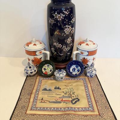 LOT 116F: Hand Embroidered Fabric, Signed China Tea Cups, Big Blue Vase (Hand Painted) & More