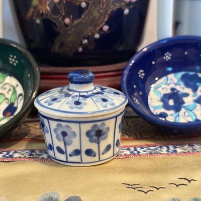 LOT 116F: Hand Embroidered Fabric, Signed China Tea Cups, Big Blue Vase (Hand Painted) & More