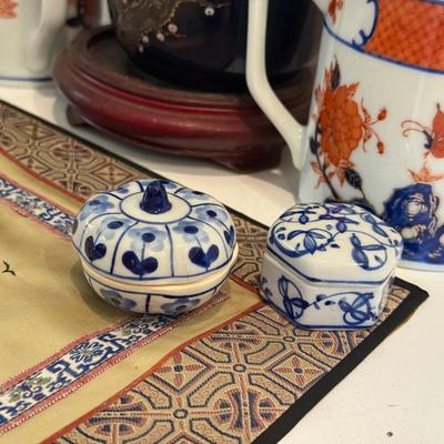 LOT 116F: Hand Embroidered Fabric, Signed China Tea Cups, Big Blue Vase (Hand Painted) & More