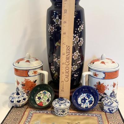 LOT 116F: Hand Embroidered Fabric, Signed China Tea Cups, Big Blue Vase (Hand Painted) & More