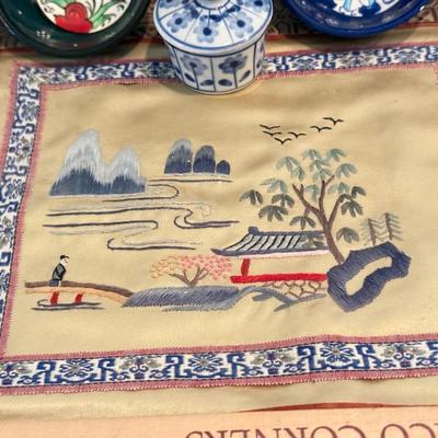 LOT 116F: Hand Embroidered Fabric, Signed China Tea Cups, Big Blue Vase (Hand Painted) & More