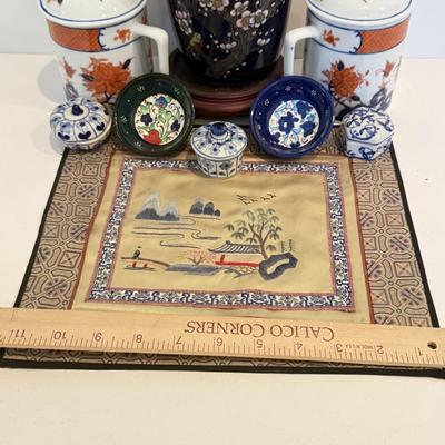 LOT 116F: Hand Embroidered Fabric, Signed China Tea Cups, Big Blue Vase (Hand Painted) & More