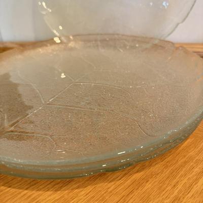LOT 119F: Flower Design Glass Cake Plate & Leaf Design Plates & Bowl
