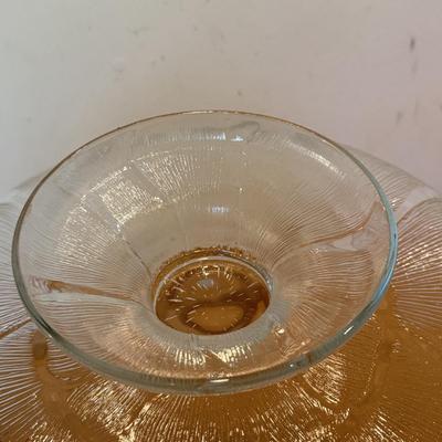 LOT 119F: Flower Design Glass Cake Plate & Leaf Design Plates & Bowl